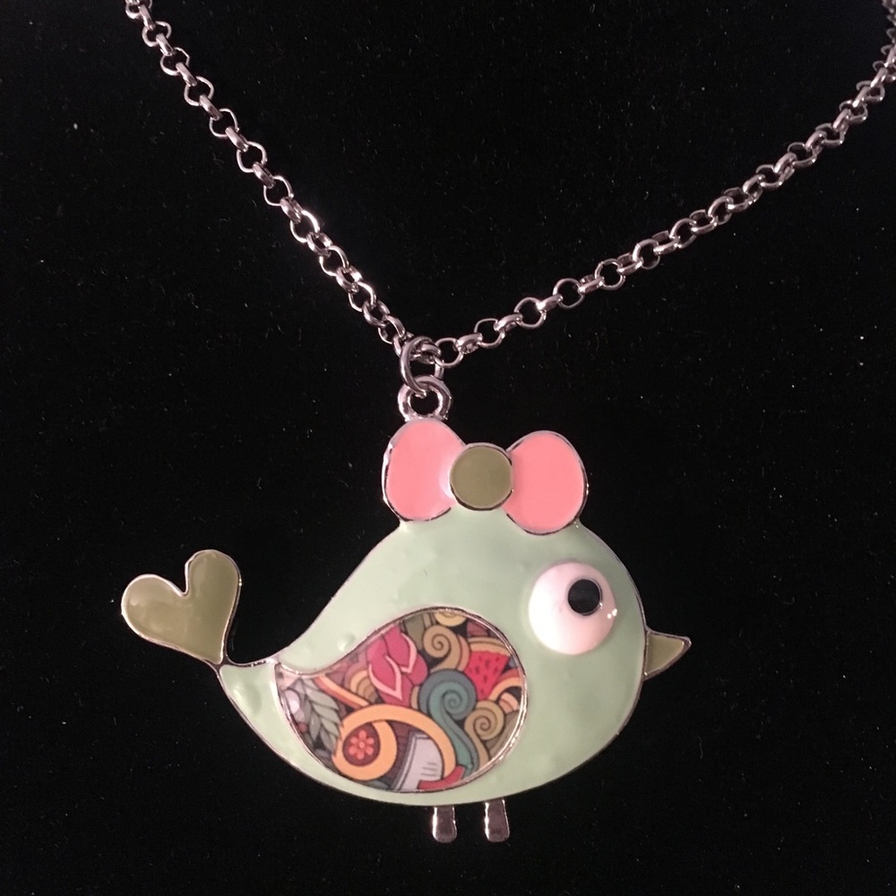 3/$25 Long Enameled Mint Bird Pendant Necklace